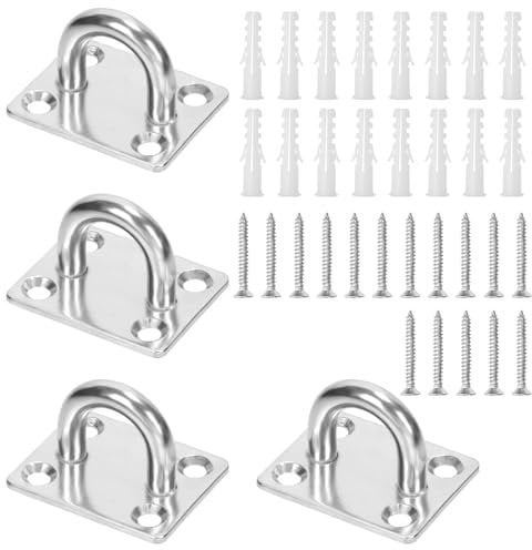 Swpeet 4Pcs M5 304 Stainless Steel Silver Square Pad Eye Plate Hook with Screws and Plastic Anchors Assortment Kit, Marine Hardware Hooks Ceiling U Hook Staple Ring Hooks for Securing Hanging