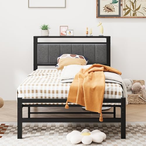 ARFARLY Metallbett 90x200 Bettgestell mit Gepolstert | Plattform-Bettgestell | Starke Lattenrost-Matratzenbasis | einfache Montage- Dunkelgrau