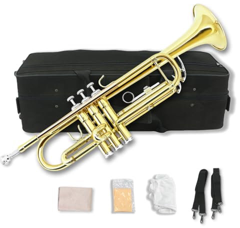 WUQIMUSC Standard Bb Trompete Set für Anfänger, Studenten Trompete, Messing Trompeteninstrument, B Flat, mit 7C Mundstück, Reinigungstuch, Handschuhe und Hartschalenkoffer (Gold)