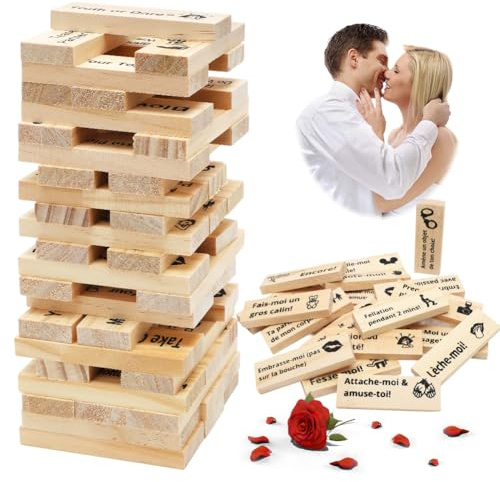DASIAUTOEM Jeu de Tour de Blocs Coquins 48 Pièces, Lust Tower pour Couples, Jeu Coquin de Tour Infernale pour Adultes, Blocs Empilables en Bois, Cadeaux de Rencontre pour Couples Adultes