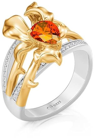 Jeulia x Leyla Dornenblume Damenring Zweifarbig Ring mit Birnenstein Blumenring Silber Gold Ehering Sterlingsilber Vergoldet Fingerring Zirkonia Schmuck Trauring für Frauen Geschenk