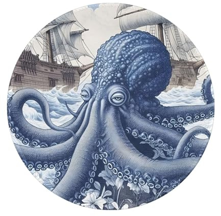 Tapis de souris rond 20,3 x 20,3 cm, bleu pieuvre nautique, énorme kraken océan, tapis de souris pour jeux portables, tapis de souris lavable avec base en caoutchouc antidérapant