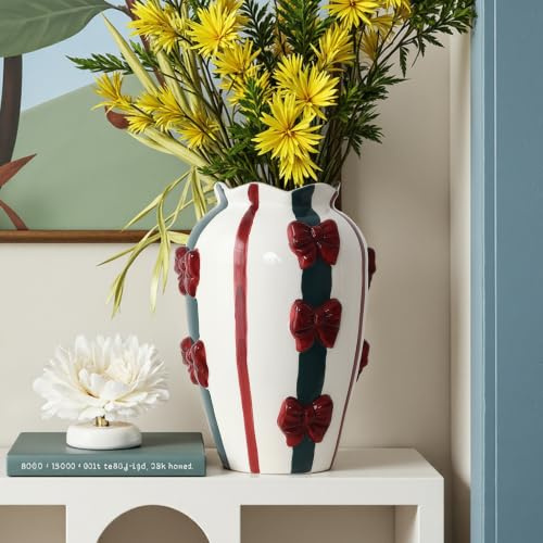 Hometopia Keramikvase Modern – Gestreifte Dekovase für Frischblumen, Trockenblumen & Pampasgras, Elegante Tischvase mit 3D-Schleifen, Bunte Deko Vase 28,3 cm