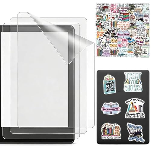 LEPGUYO 3 Piezas Protector de Pantalla para Kindle Paperwhite 2024 KPW6, PET Premium Mate Antirreflejos, Con 50 Pegatinas Retro de Lectura, Accesorios Kindle