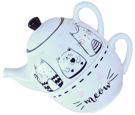Juego de Tetera y Taza de Té de Cerámica con Gato en Color Claro 1 Set