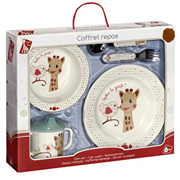 Sophie la Girafe - Coffret cadeau Repas Mélamine - Version oiseau - Lavable en lave-vaisselle - Set pour enfant - assiette + bol + tasse anti-fuite + 2 couverts