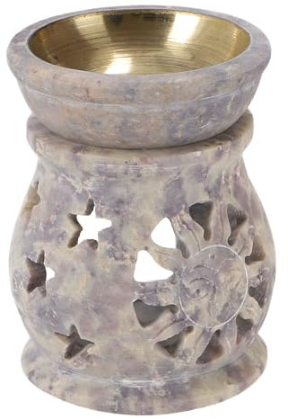 GURU SHOP Indische Duftlampe, ätherisches Öl Diffusor, Teelicht Halter für Aromatherapie, Aromalampe aus Speckstein - Rund Sonne & Sterne, Creme-weiß, 8x7x7 cm, Duftlampen & Öllampen