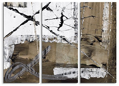 130x90 cm Abstraktes Leinwandbild! 3-teiliges Wandwandbild Fotoleinwand weiß schwarz braun gemalt. Abstrakte Kunst