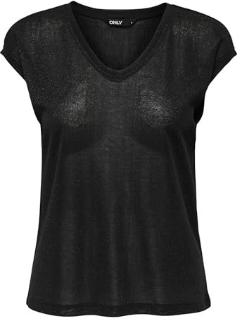 ONLY Onlsilvery S/s V Neck Lurex Top Box JRS, T-Shirt Femme, Noir (Black), 34 (Taille Fabricant: X-Small)