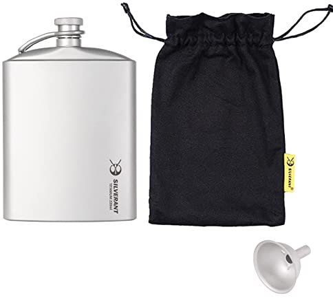 SILVERANT Titanium Hip Flask 220ml/7.74 fl oz, Ultralight Portable Leakproof Pocket Flask Flagon with Screw Cap Clip, Drawstring Cloth Case & Pouring Funnel