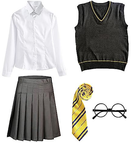 FStory&Winyee Zauberer Set Bluse Rock Weste Krawatte Brille Kostüm Zubehör für Kinder Erwachsene Zubehör Set Striped Tie Gestreifte Krawatte zum Karneval Fasching Halloween,2 Weiblich-gelb,L