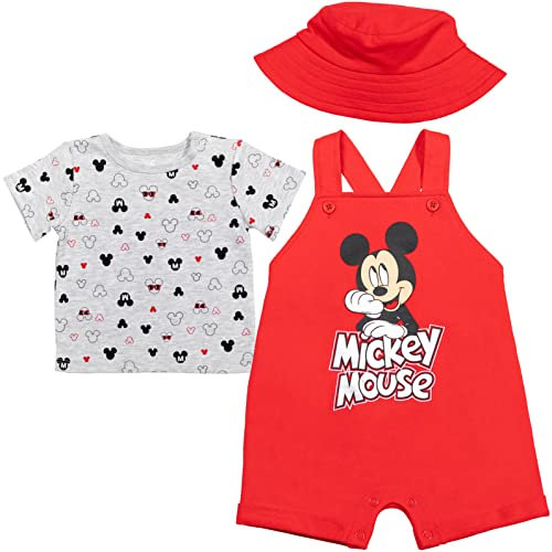 Disney Mickey Mouse Baby Boys French Terry Shortalls T-Shirt Hat Set Red 3-6 Months