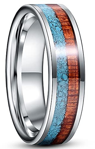 Cloyo Wolframcarbid Eheringe Ringe Herren Silber mit Türkis Holzring Männer Verlobungsring Hochpolnische Comfort Fit 6mm Größe 60 (19.1)