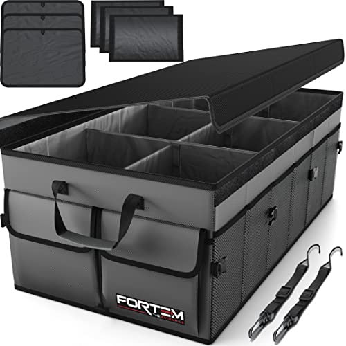 FORTEM Car Boot Organiser, Collapsible Multi Compartment SUV Organizer, Foldable Storage for Car Accessories for Women Men, 600D Oxford, Non Slip Bottom, Securing Straps, Soft Cover (85L)
