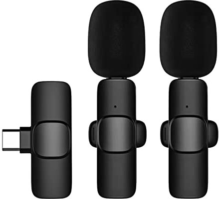 Andoer Mini microfono Lavalier senza fili a clip microfono omnidirezionale 2 trasmettitore 1 ricevitore con paracento tipo-c sostituzione porta per smartphone Android Registrazione intervista