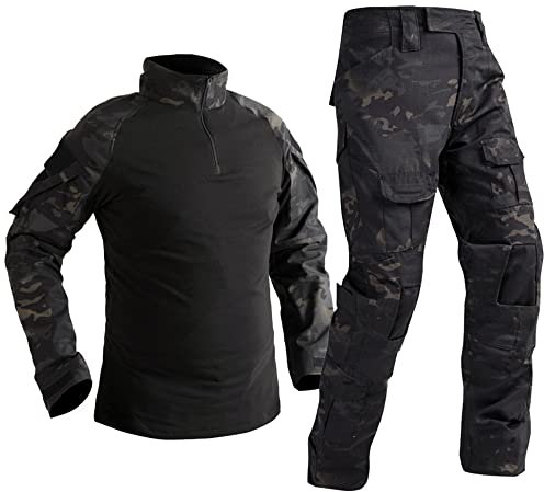 Uugood Combat Shirt Pant Tactical Anzüge Armee Militär T-Shirt Paintball Ausrüstung Taktische Kleidung Bundeswehr Langarm Multicam Uniform für Airsoft Paintball Jagd, schwarze nacht, XL