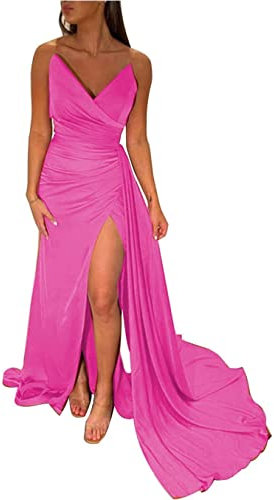 KURFACE Abiti da sera spaccati sexy del partito di sera del collo di V del vestito da damigella d'onore di cerimonia nuziale per le donne, Fucsia, 50