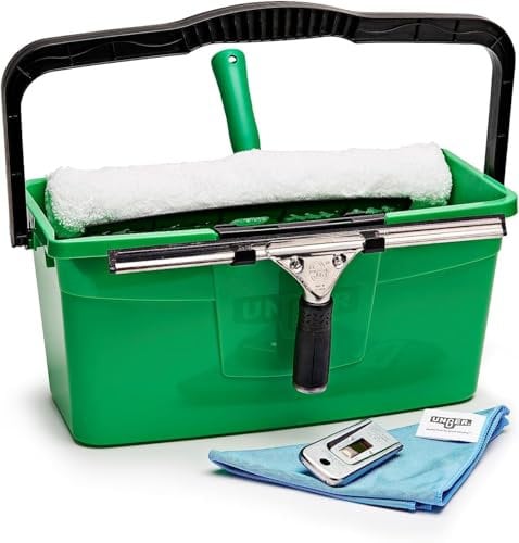 Unger PRO Komplett-Set 5in1 (inkl. Einwascher, Fensterwischer, Mikrofasertuch, Sicherheitsschaber, Eimer 12 l, für professionelle Fensterreinigung/Glasreinigung) AKG16