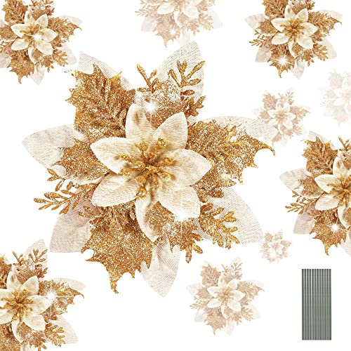 HCSSZ 12pcs Glitter Artificial Poinsettia Faux Flowers with Stems for Wedding Christmas Tree New Year Ornaments Xmas Garland Wreath Decorations(White Gold)