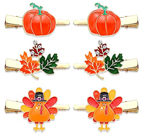 NVENF Thanksgiving Herbst Haarspangen für Frauen Ernte Truthahn Kürbis Ahornblatt Haarnadeln Gold Alligator Haarspangen Thanksgiving Herbst Party Haarschmuck (6 Stück Haarspangen)