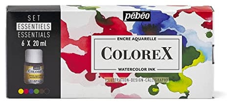 Pébéo - Colorex Boîte 6 Flacons 20 ml Assortis - Kit de Dessin Manga & Illustration Colorex- Encre Aquarelle - Jaune clair, Rouge turc, Bleu outremer, Vert printemps, Sépia, Noir d'ivoire, 6 x 20 ml