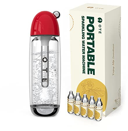 OTE Sparkling Water Maker Machine with 20 CO2 Cylinders, Double Layer PET Hand Sparkling Water Make, Safe 450ml Personal PET Portable Soda Maker, No Electricity, BPA Free, Red