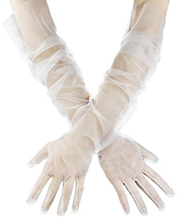 Andiker Damen Lange Tüll Handschuhe, Sheer Hochzeit Braut Ellenbogen Länge Oper für Bankett Prom Tea Party Halloween Kostüme, Weiß 27,5 Zoll