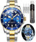 OLEVS Armbanduhr für Herren, wasserdicht, blaues Zifferblatt, luxuriös, zweifarbig, Edelstahl-Armbanduhr mit Tagesdatum, modisch, klassisch, sportlich, Quarzuhr, Zifferblatt in Roséstahlblau, Armband