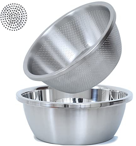Paoli 304 Stainless Steel Microporous Colander, Large Capacity with Mixing Bowl For washing vegetables, fruit and rice and for draining cooked pasta. (2PC) (1.5qt)