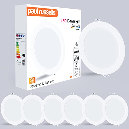 paul russells LED Ceiling Downlights, 20W Slim Recessed Bathroom Downlights, Kitchen Ceilings, 2150 Lumens, 6500K Daylight White, Cutout 170-180mm, Round Non-Dimmable Panel Spotlights, 6 Pack