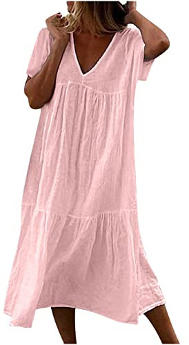 Susenstone Robe d'été en coton et lin pour femme, imprimée animée, Bohème, taille haute, col V, longueur maxi, rose, S