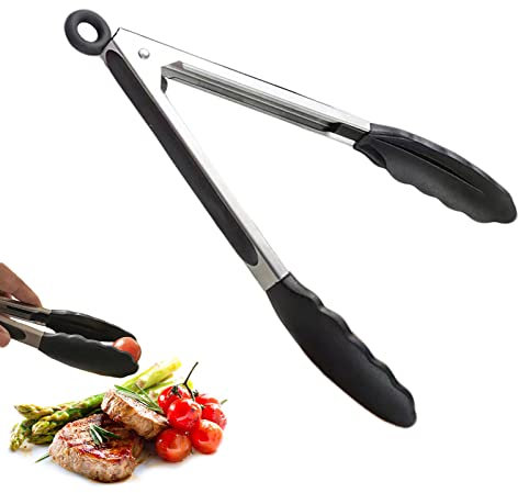 Mualady Pinza da cucina in silicone, per barbecue, da cucina, in acciaio inox, adatta per grigliare e arrostire, 27,5 cm, colore: nero