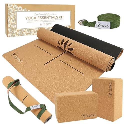 Y O Gayo Premium Cork All-in-One Yoga Essentials Kit, große Yogamatte aus Kork, 5 mm und Blöcke, Set mit Tragegurt und Ausrichtungslinien, 3 m Stretchgurt, Ihr ultimatives Yoga-Starter-Set