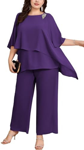 Hanna Nikole Hosenanzug Damen Große Größen Zweiteiler Fledermausärmel Cape-Ärmel Strass Lose Rundhals Chiffon Shirt Hohe Taille Elegant Hohe Taille Lange Hose Lila 46