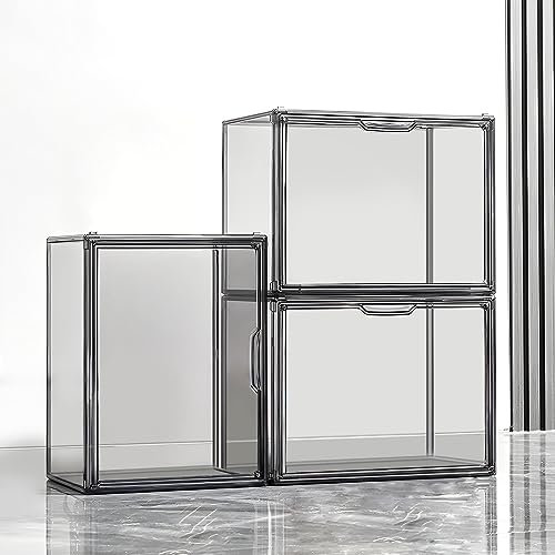 GUDEMAY Grau Transparente stapelbare Kunststoffboxen mit magnetischem Verschluss - Staubdichte Aufbewahrung Vitrine Schaukasten Ideal für Figur, Bücher, Kosmetik, Schuhe und Handtaschen (3er Set)