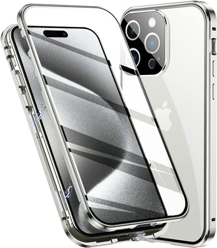 LIUKM Hülle für iPhone 15 Pro Max Magnetische Adsorption Handyhülle 360 Grad Stoßschutz Vorne hinten Gehärtetes Glas Schutzhülle Metallrahmen Case - Silber