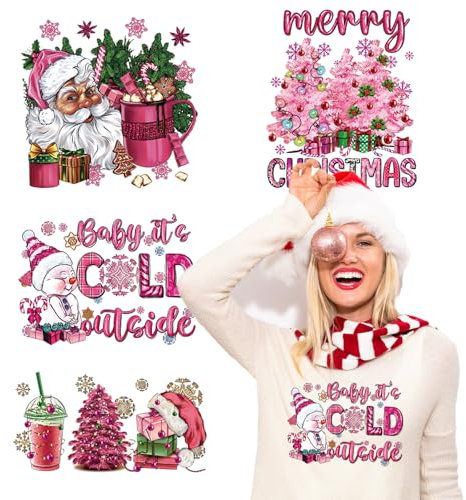 ROMODIYA 4Pcs Christmas Iron on Transfer Patches Xmas Pink Iron on Stickers Heat Transfer Vinyl Decals Cute Santa Claus Christmas Tree Snowman Design for T-Shirt Hoodie Christmas Clothes Decor,purple