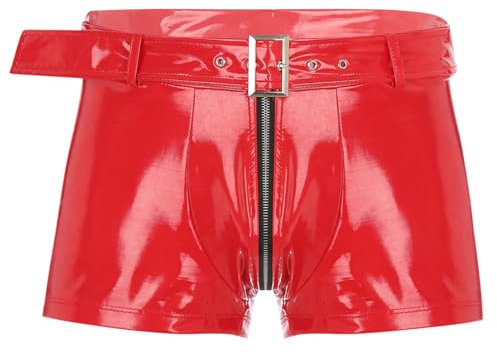FEESHOW Herren Wetlook Boxershorts Slip Ouvert mit Reißverschluss Stretch Leder Latex Hose Shorts Unterwäsche Rubber Pants Clubwear Rot I L