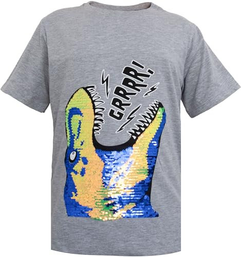 Generisch Trex Dino Kinder Jungen Jungs Wende Pailletten Lang T-Shirt Bluse Kurzarm Grau 122-128