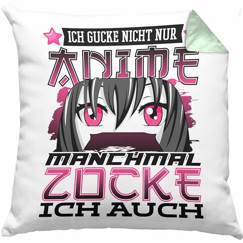 Trendation Anime und Zocken Kissen mit Füllung 40x40 Geschenk Mädchen Anime-Fans Gamergirl Spruch (Grün)