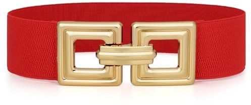 WHIPPY Damen Breiter Elastischer Taillengürtel Stretchy Gürtel für Kleid dehnbarer Hüftgürtel Mode Quadratischer Gold Schnalle,Rot 80cm