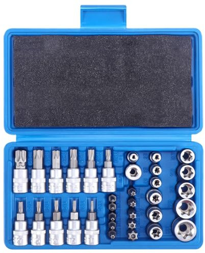 Faankiton 34PCS Jeu de Coffret Douilles Torx, Embout Torx Étoilé T10-T55, Douille Torx Étoile, Jeu de Douilles Torx T10-T60, Jeu de Douilles E E4-E20, Torx Intérieur et Extérieur, Set de Douilles Torx