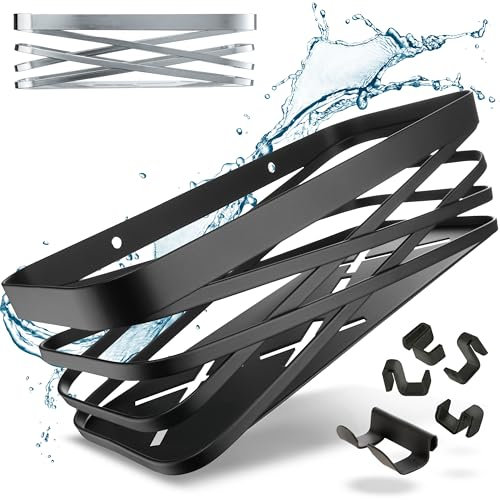 HOMELYN Étagère de douche sans perçage - Acier inoxydable - Design noir moderne - 22 x 10 x 7 cm (l x P x H) - Fixation par tampon adhésif, capacité de charge extrêmement élevée - Avec 5 crochets avec
