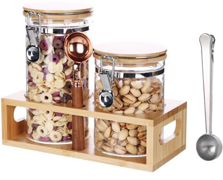 KKC Glasbehälter mit Deckel für Tee - Kaffeebohnen Behälter Glas Luftdicht mit Regal - Vorratsglas für Müsli/Nüsse/Reis/Mehl und Zucker - Kaffee Aufbewahrung Glas 2er Set 800ml und 1200ml