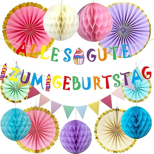 Geburtstagsdeko, Premium Wiederverwendbare Party Deko, Happy Birthday Girlande, Wimpelkette Geburtstag, Wabenbälle, Pompons Deko, Regenbogen Deko, Geburtstag Deko Frauen Mann Kindergeburtstag Zubehör