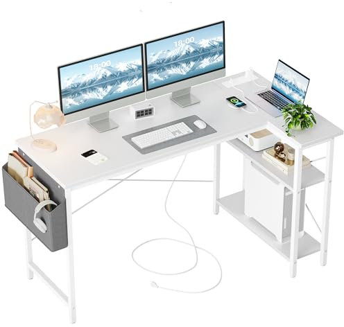 TIQLAB L Shaped Computer Desk with Power Outlets, 55 Inch Small Corner Desk with Reversible Shelves, Gaming Desk Computer Table Study Writing Desk for Home Office Small Space, White