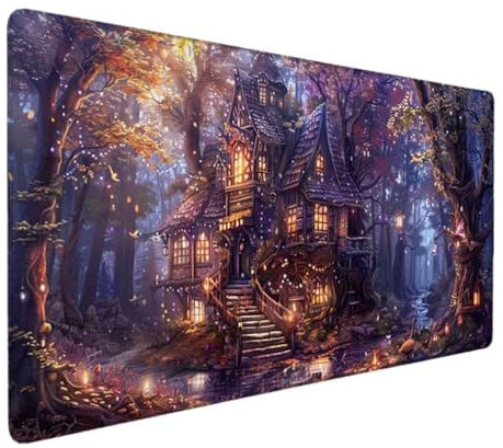 Tapis de Souris XXL 900x400x3mm Tapis de Souris Gamer, Grand Tapis de Souris avec Base en Caoutchouc Anti-Glissant sous Main Bureau pour PC/Maison/Bureau/Gamer (Violet, Cabane dans Les Arbres) J-3