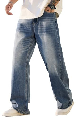 Zewool Jeans Baggy Hip hop pour Hommes,Streetwear Jeans Skater à Jambe Large,Pantalons en Denim à Coupe Loose Y2K Jambe Droite Coupe relaxée Skateboard extrême liberté de Mouvement,F10 Bleu,S