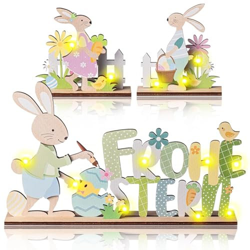 TZQFROCE 3 Stück Osterhase Deko aus Holz Ostern Hase Deko Deko Aufsteller für Ostern Frohe Osterhase Holz Deko Aufsteller mit Schriftzug Ostern für Osterdeko Tischdeko Frühling