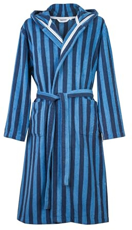 TOM TAILOR Bademantel für Damen und Herren, Gr. XL, 100% Baumwolle/Frottier, mit Kapuze, CLASSIC BATHROBE MEDIUM STRIPES Blau (Dark Navy & Cool Blue)